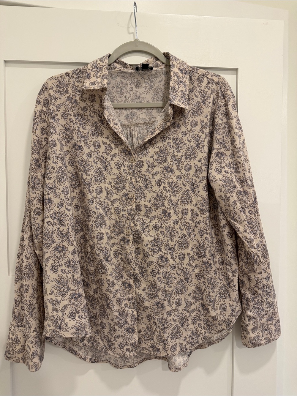 Light Floral Button-Up Blouse in Cream and Navy- Cotton Rayon Blend size small